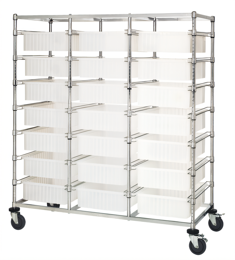 Product image #1 for Quantum Triple-Bay Mobile Bin Cart with 21 Clear Bins, Chrome Plated