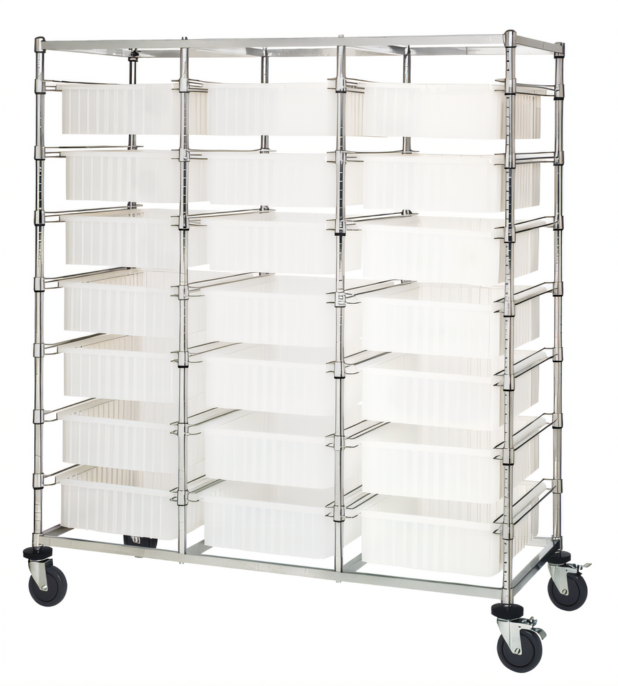 Product image #1 for Quantum Triple-Bay Mobile Bin Cart with 21 Clear Bins, Chrome Plated