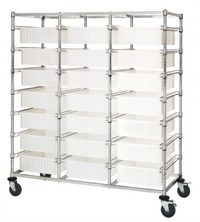 Quantum Triple-Bay Mobile Bin Cart with 21 Clear Bins, Chrome Plated