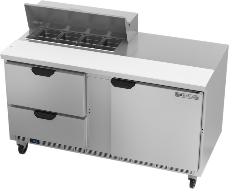Product image #1 for Beverage-Air 60-Inch Two-Section Sandwich Top Refrigerated Prep Table with 8-Pan Top, 1 Door, and 2 Drawers