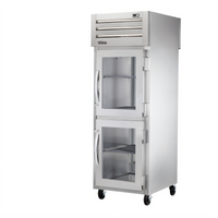 True SPEC SERIES One-Section Pass-Thru Reach-In Refrigerator with 2 Glass Half Doors on the Front and 1 Stainless Steel Door on the Rear