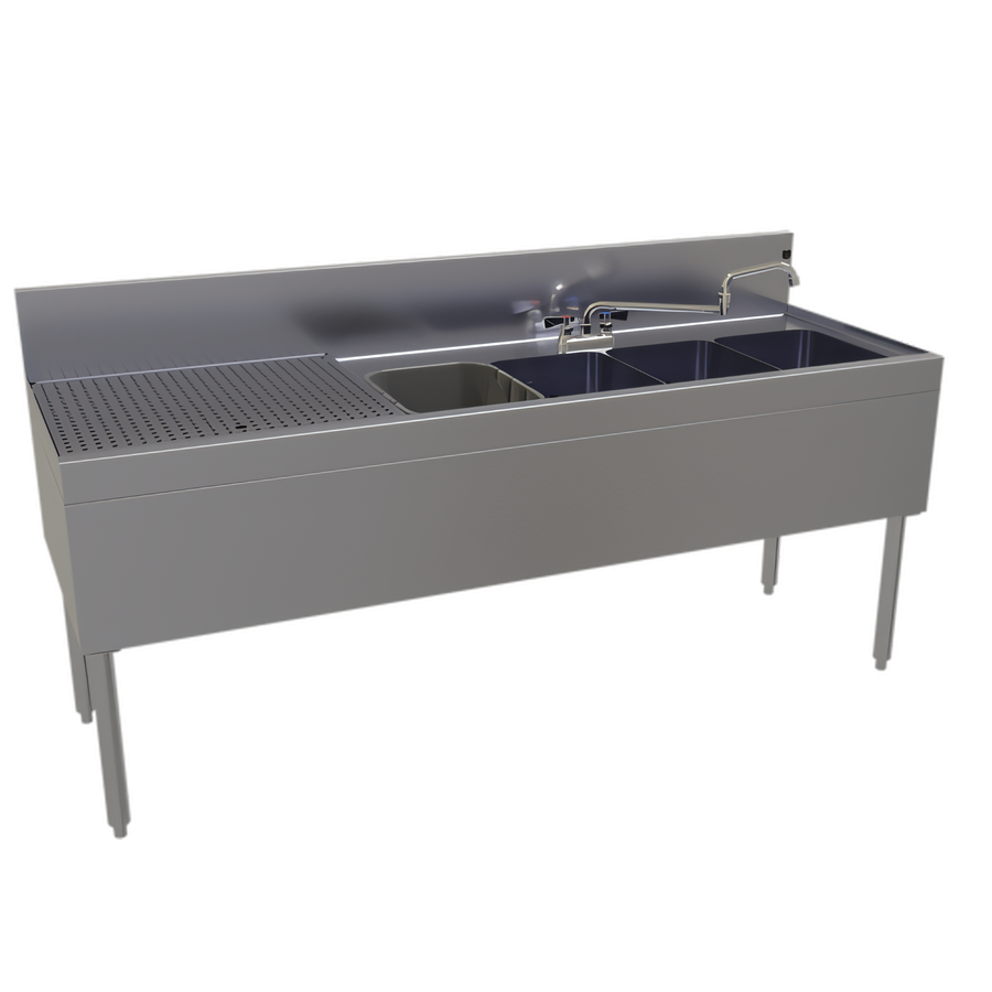 Product image #1 for Glastender Four-Compartment Stainless Steel Underbar Sink Unit with Left Drainboard, 72" W x 24" D