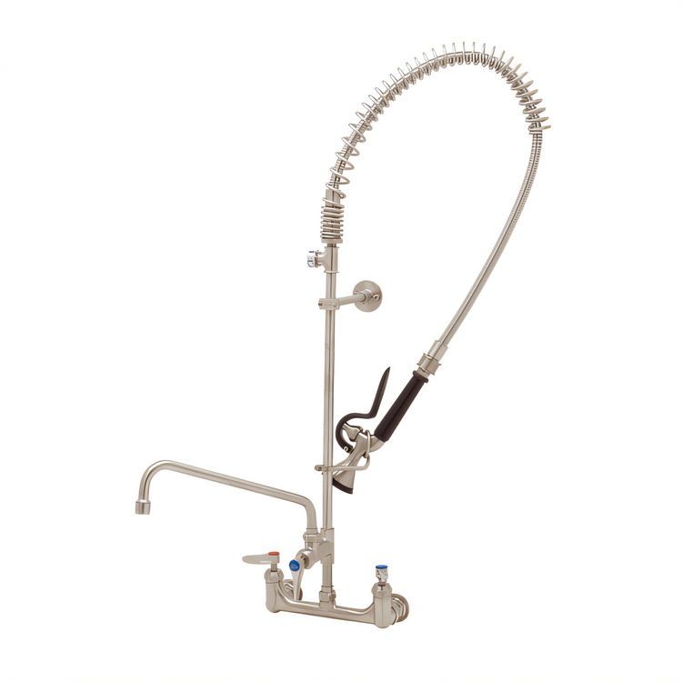 Product image #1 for EverSteel 8-Inch Wall Mount Pre-Rinse Mixing Faucet with Add-On Faucet, 12-Inch Swing Nozzle and Blue Spray Valve