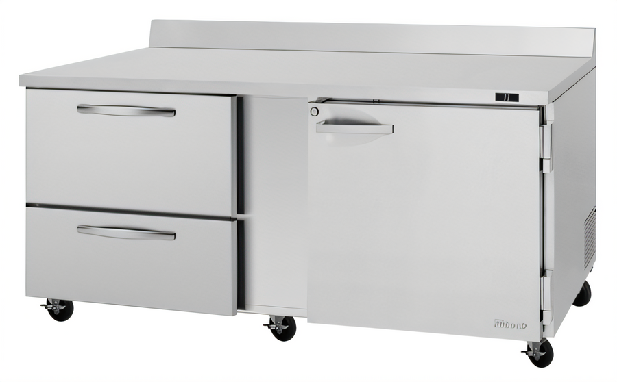 Product image #1 for Turbo Air PRO Series Stainless Steel Two-Section Worktop Refrigerator with 1 Door and 2 Drawers, 72-5/8 Inch Wide