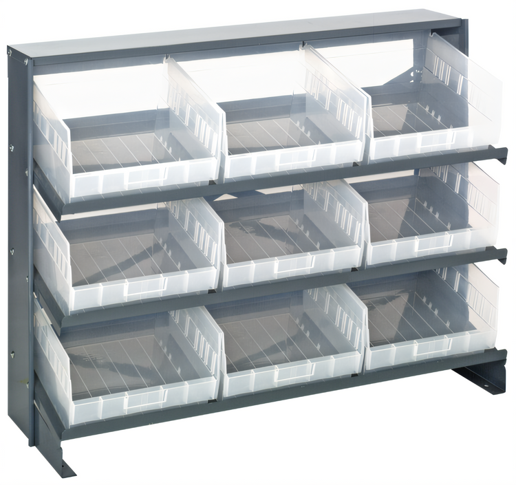 Product image #1 for Quantum Sloped Bench-Style Pick Rack with 3 Shelves and 9 Clear Bins, 36 Inch Wide