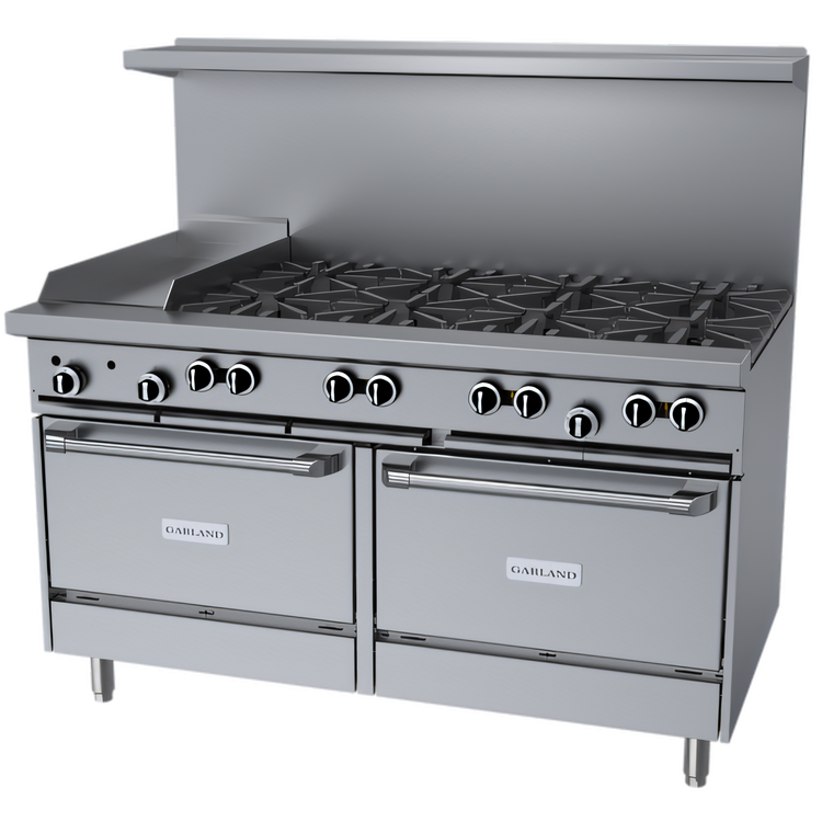 Product image #1 for Garland G Starfire Pro 60-Inch Gas Restaurant Range with 8 Open Burners, 12-Inch Griddle and 2 Standard Ovens
