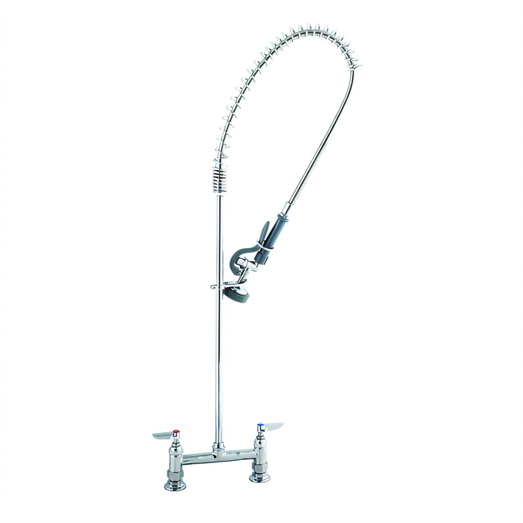 Product image #1 for T&S Brass EasyInstall 8-Inch Deck Mount Pre-Rinse Unit with Spring-Action Gooseneck, 24-Inch Riser, and 44-Inch Hose
