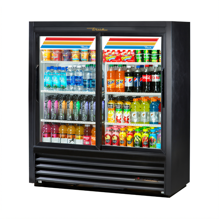 Product image #1 for True Two-Section Narrow-Depth Sliding Glass Door Merchandiser Refrigerator with LED Lighting