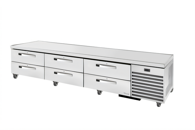 Product image #1 for True 110-Inch Refrigerated Chef Base with 6 Locking Drawers and Stainless Steel V-Edge Top