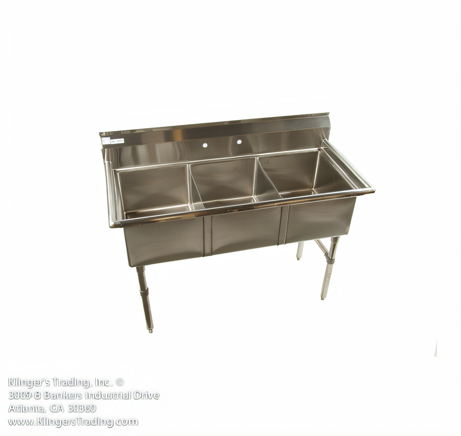 Product image #1 for Klinger's Trading Economy Freestanding 3-Compartment Stainless Steel Sink with 9-Inch Backsplash, 57 x 25-1/2 x 41 Inches