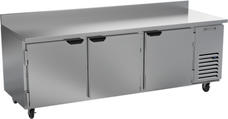 Product image #1 for Beverage-Air Three-Section Worktop Refrigerator with 3 Solid Doors, 93-Inch Stainless Steel Top, and 4-Inch Backsplash