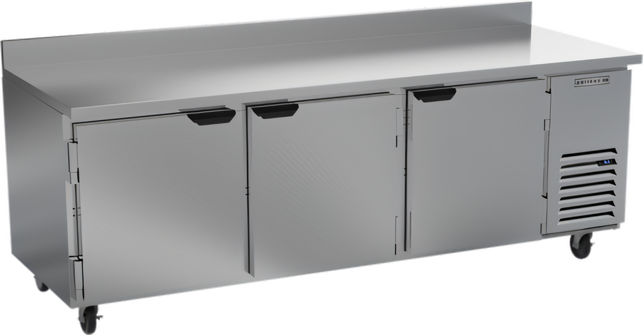 Product image #1 for Beverage-Air Three-Section Worktop Refrigerator with 3 Solid Doors, 93-Inch Stainless Steel Top, and 4-Inch Backsplash
