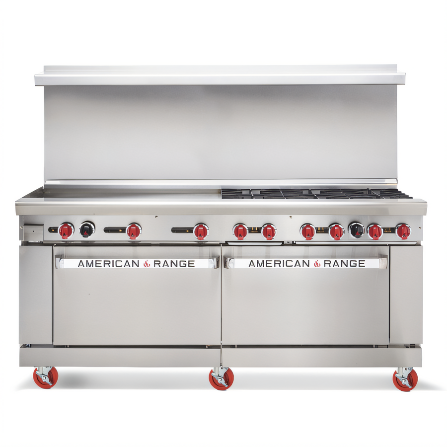 Product image #1 for American Range 72-Inch Gas Restaurant Range with 36-Inch Griddle, 6 Open Burners, Standard Oven, and Storage Base