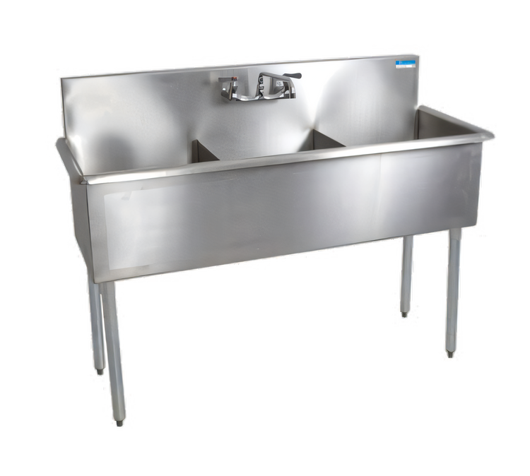 Product image #1 for BK Resources BK8BS-3-1821-12 3-Compartment Budget Sink with 18" x 21" x 12" Bowls and 8" Backsplash
