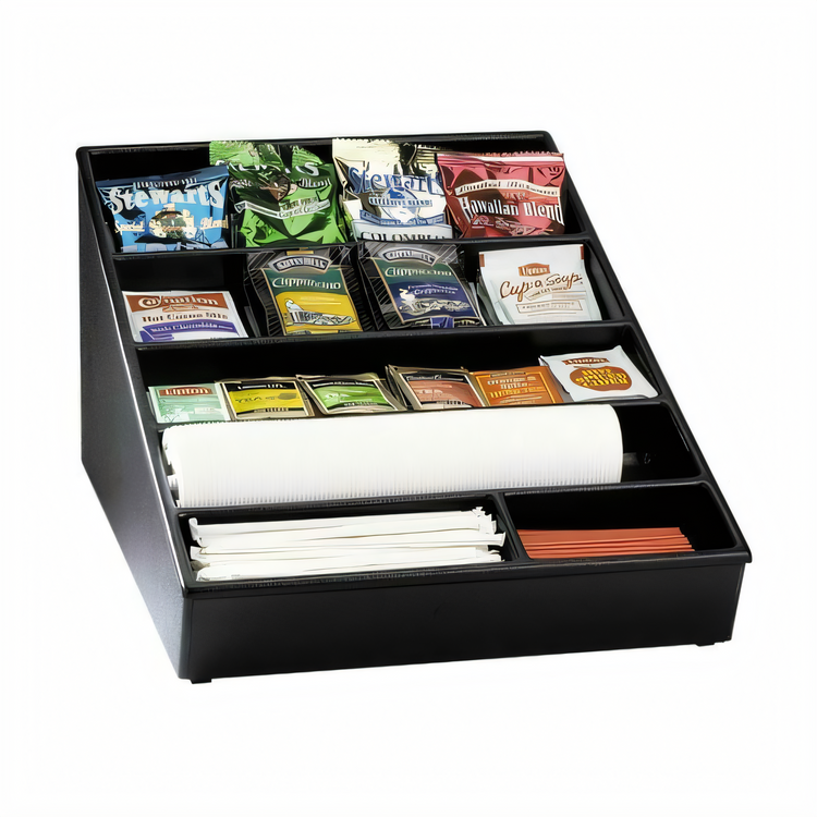 Product image #1 for Dispense-Rite WLS-1BT Wide Black Polystyrene Lid, Straw & Condiment Organizer with ABS Top