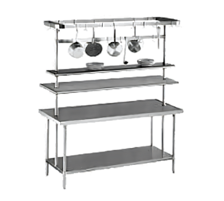 Product image #1 for Advance Tabco Adjustable Table-Mounted Stainless Steel Commercial Pot Rack, 120 Inch Wide, with 9 Plated Hooks