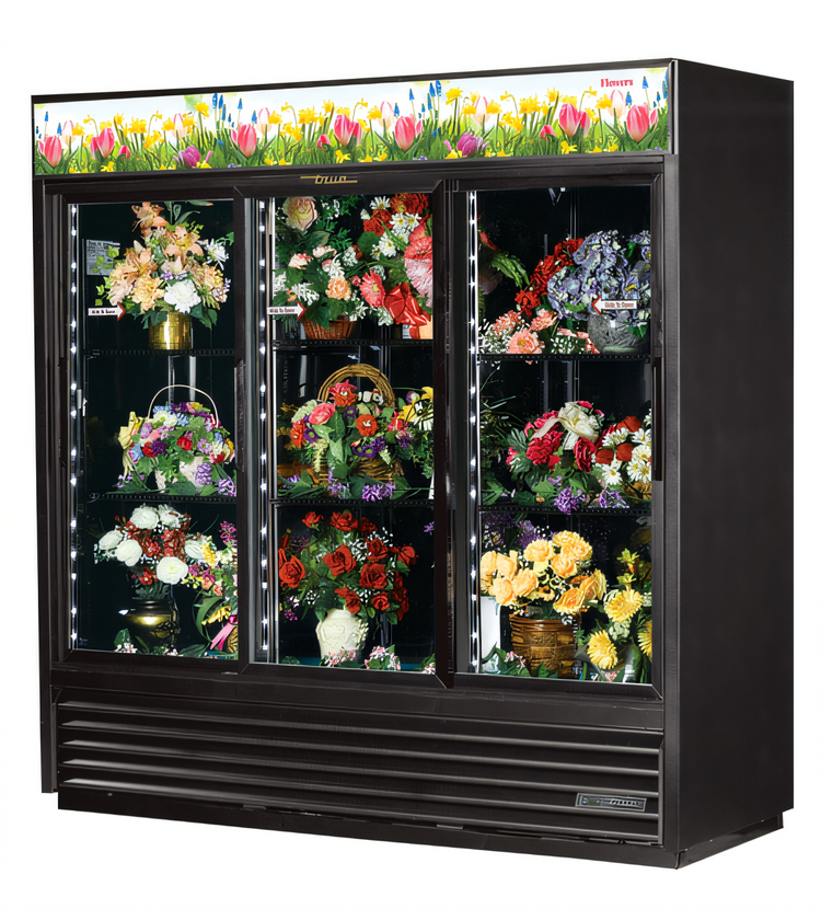 Product image #1 for True Three-Section Floral Merchandiser Refrigerated Display Case with Sliding Glass Doors and LED Lighting