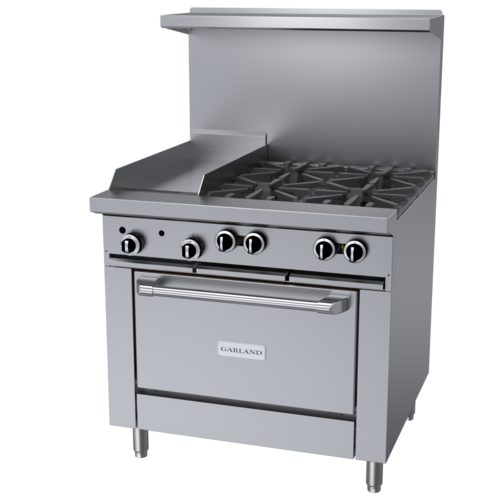 Product image #1 for Garland G Starfire Pro 36-Inch Gas Restaurant Range with 4 Open Burners, 12-Inch Griddle, and Convection Oven