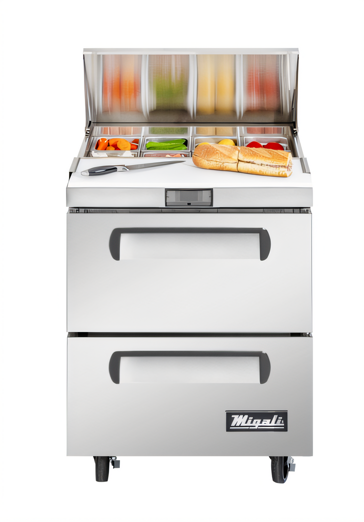 Product image #1 for Migali 27 1/2 Inch Stainless Steel Refrigerated Sandwich Prep Table with 2 Drawers and 8-Pan Top