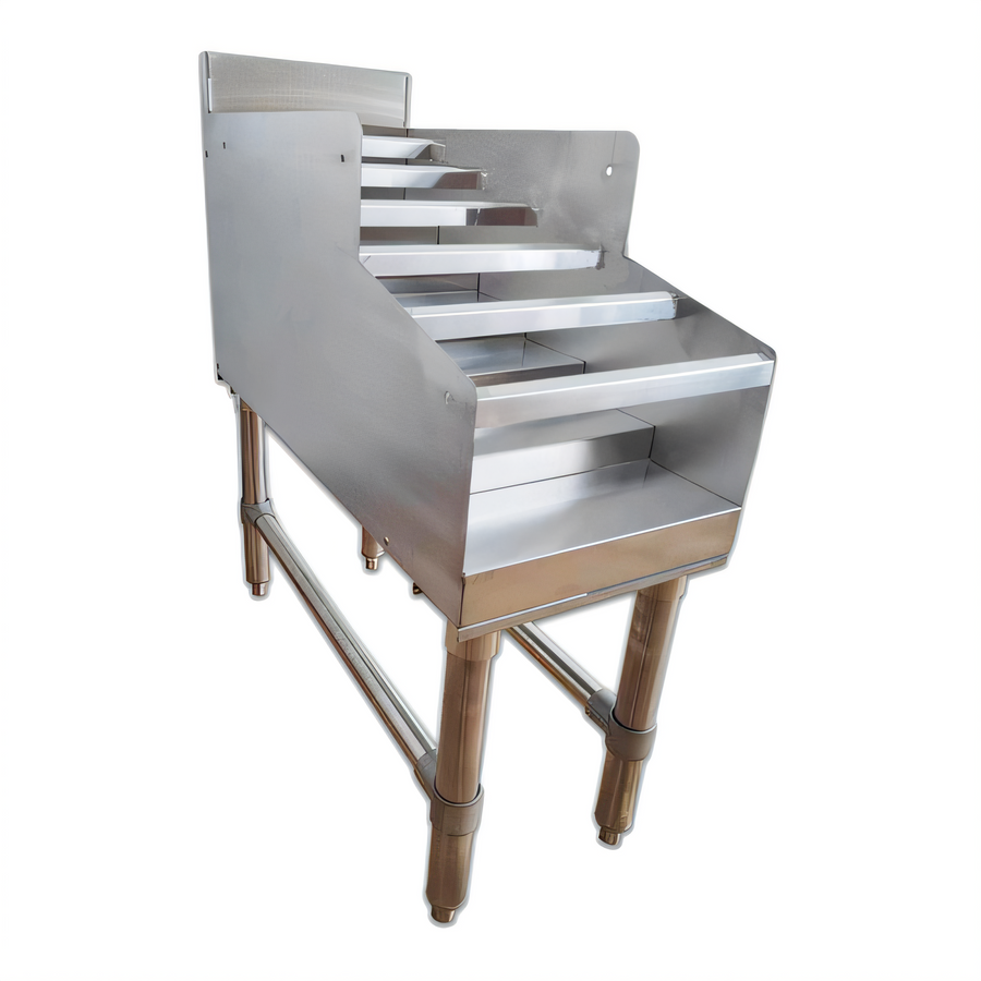 Product image #1 for 24-Inch Freestanding Underbar Liquor Display Rack, 5-Step, 304 Stainless Steel, 3-Inch Backsplash