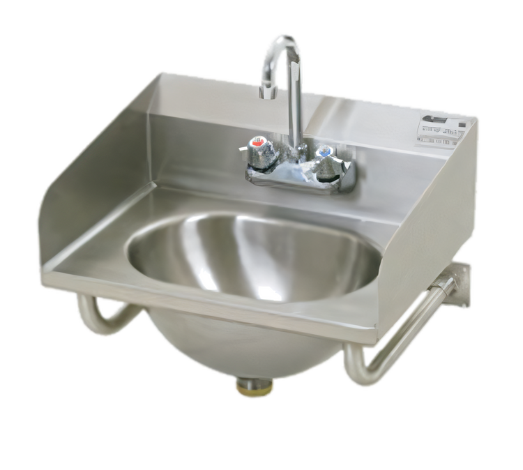 Product image #1 for Eagle Group Wall-Mounted 304 Stainless Steel Hand Sink with Side Splashes, Faucet, Basket Drain, and Tubular Wall Support