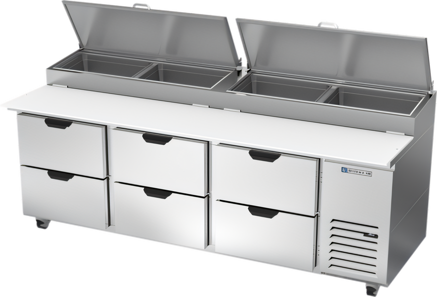 Product image #1 for Beverage-Air DPD93HC-6 Three-Section Pizza Prep Table with 6 Drawers, 93 Inch Wide, Self-Contained Side-Mounted Refrigeration