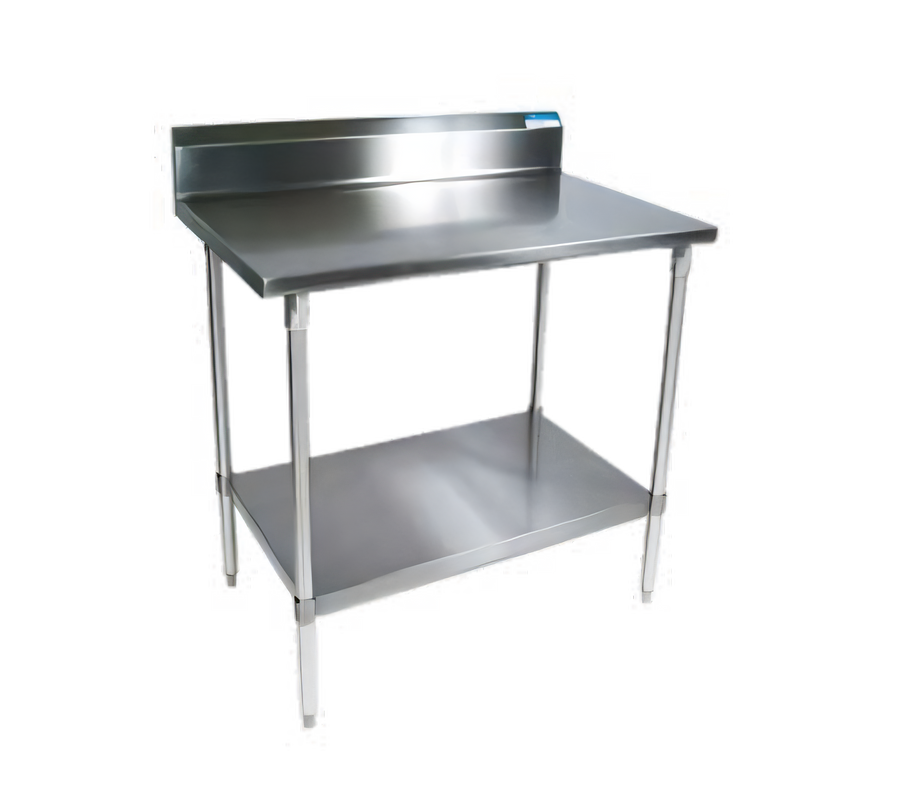 Product image #1 for BK Resources 30 x 30 18-Gauge 430 Stainless Steel Corner Work Table with 5 Inch Backsplash and Adjustable Undershelf