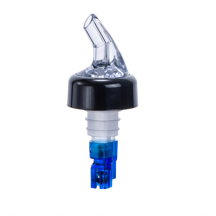 Product image #1 for 7/8 oz Plastic Measuring Liquor Pourer with Black Collar, Clear Spout, and Blue Tail