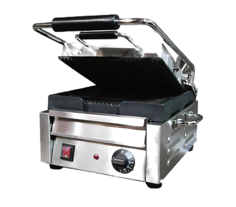 Product image #1 for Omcan USA Single Commercial Panini Press with Grooved Cast Iron Plates, 10 x 11 Inch Cooking Surface, 120V