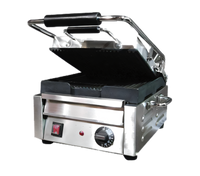 Omcan USA Single Commercial Panini Press with Grooved Cast Iron Plates, 10 x 11 Inch Cooking Surface, 120V