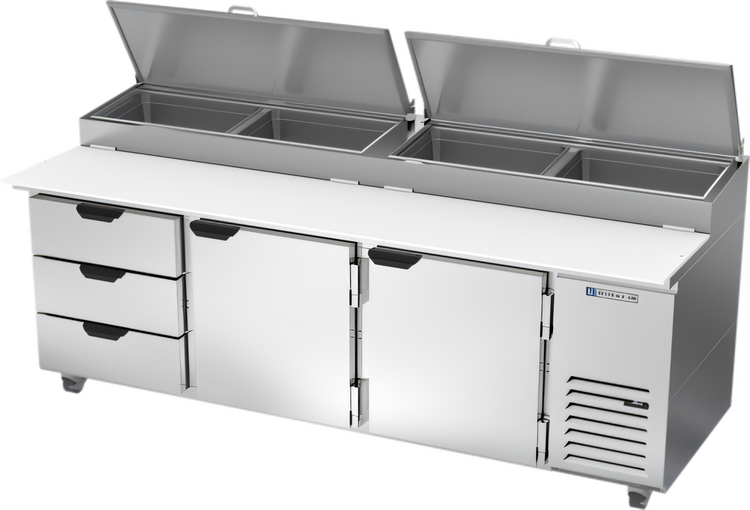 Product image #1 for Beverage-Air 93-Inch Three-Section Pizza Prep Table with 2 Doors, 3 Drawers, and 19-Inch Cutting Board