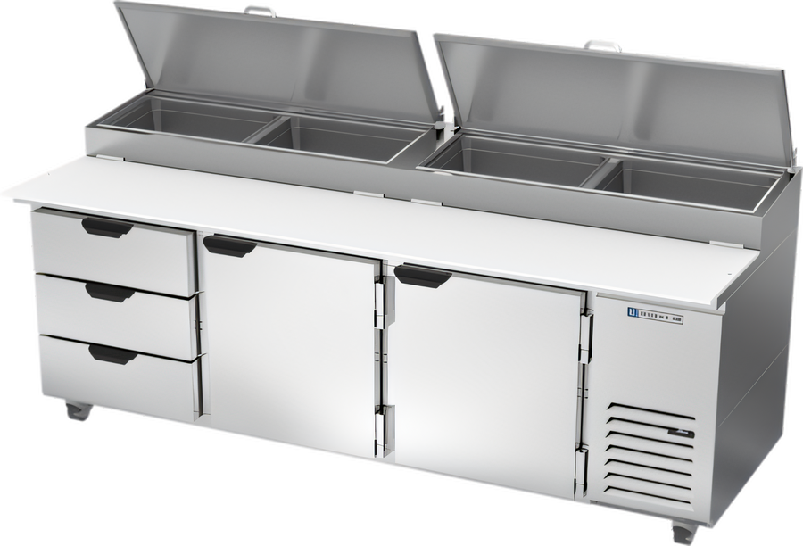Product image #1 for Beverage-Air 93-Inch Three-Section Pizza Prep Table with 2 Doors, 3 Drawers, and 19-Inch Cutting Board
