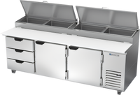 Beverage-Air 93-Inch Three-Section Pizza Prep Table with 2 Doors, 3 Drawers, and 19-Inch Cutting Board