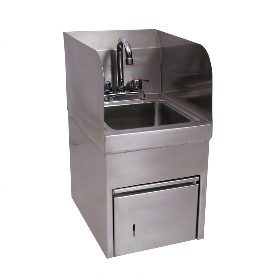Product image #1 for BK Resources Wall-Mount Hand Sink with Integrated Towel Dispenser, 9" x 9" x 5" Bowl, 4" O.C. Deck Mount Faucet, 304 Stainless Steel