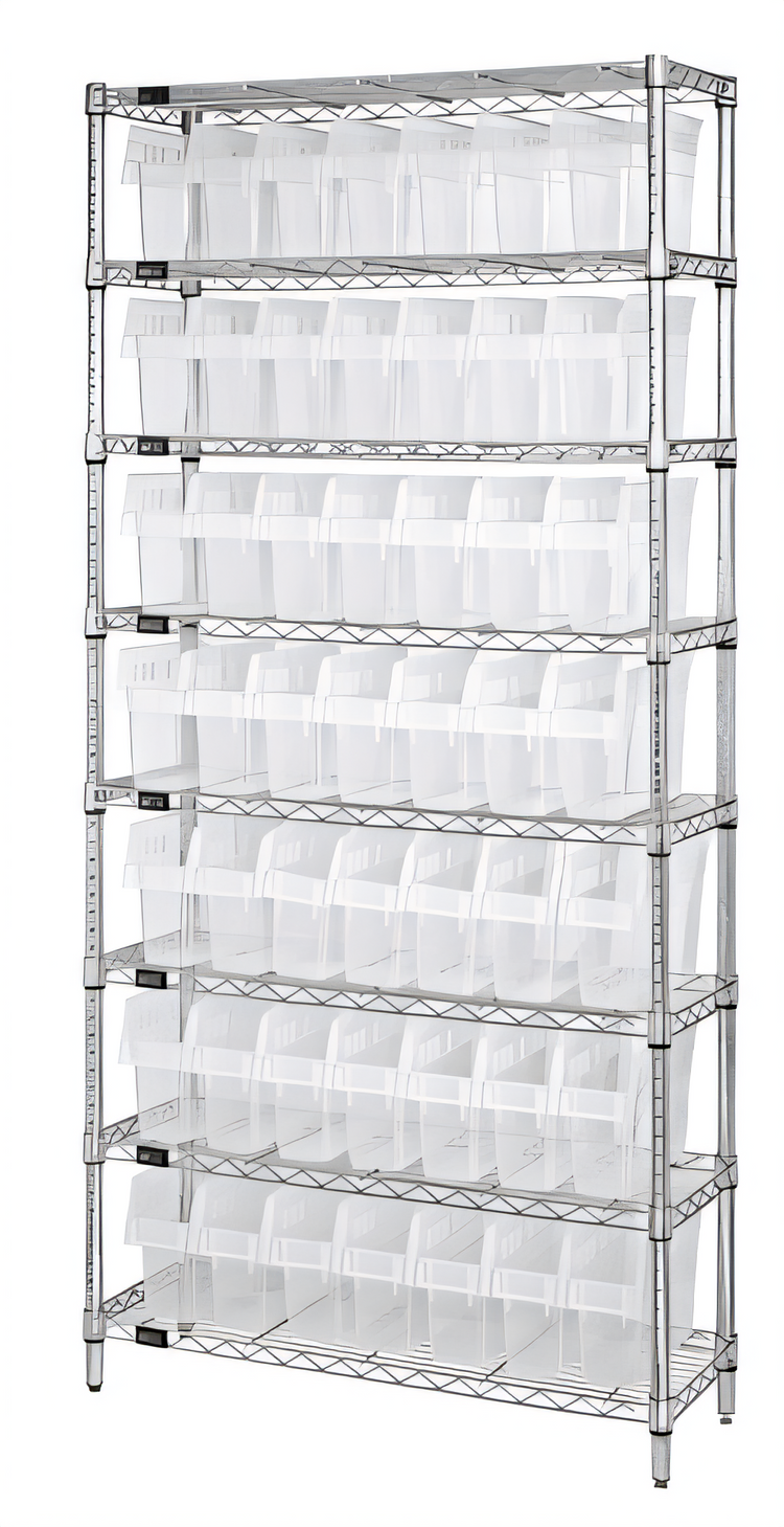 Product image #1 for Quantum 36" x 24" x 74" Chrome Plated Bin Wire Shelving System with 8 Shelves and Clear Bins