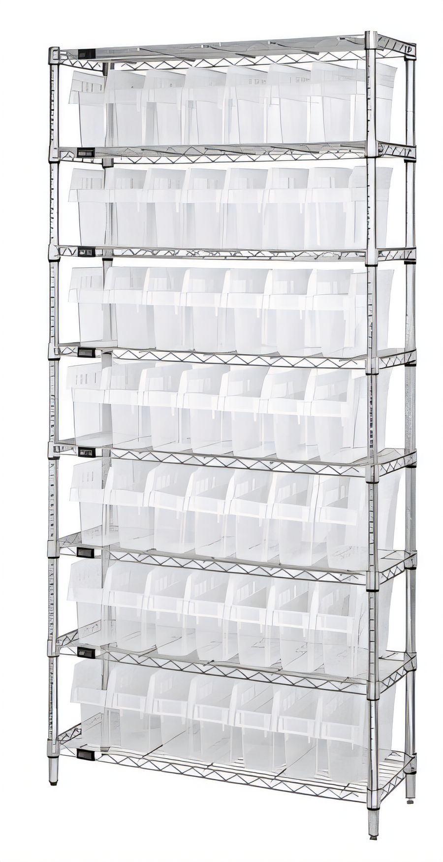 Product image #1 for Quantum 36" x 24" x 74" Chrome Plated Bin Wire Shelving System with 8 Shelves and Clear Bins