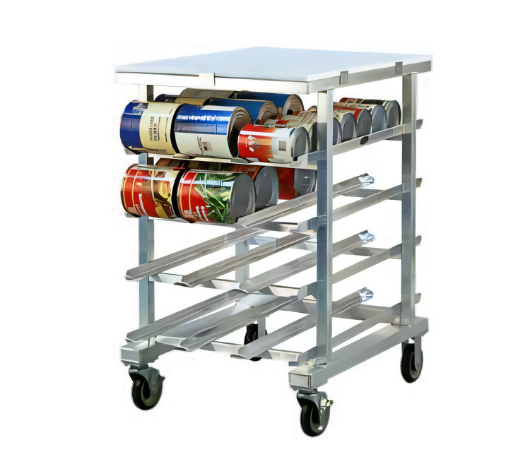 Product image #1 for New Age Half-Size Mobile Aluminum Can Storage Rack with Poly Top, 96 #5 or 72 #10 Can Capacity