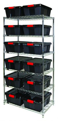 Quantum Stationary Wire Shelving Bin System with 6 Shelves, 12 Bins, and 12 Lids, 36