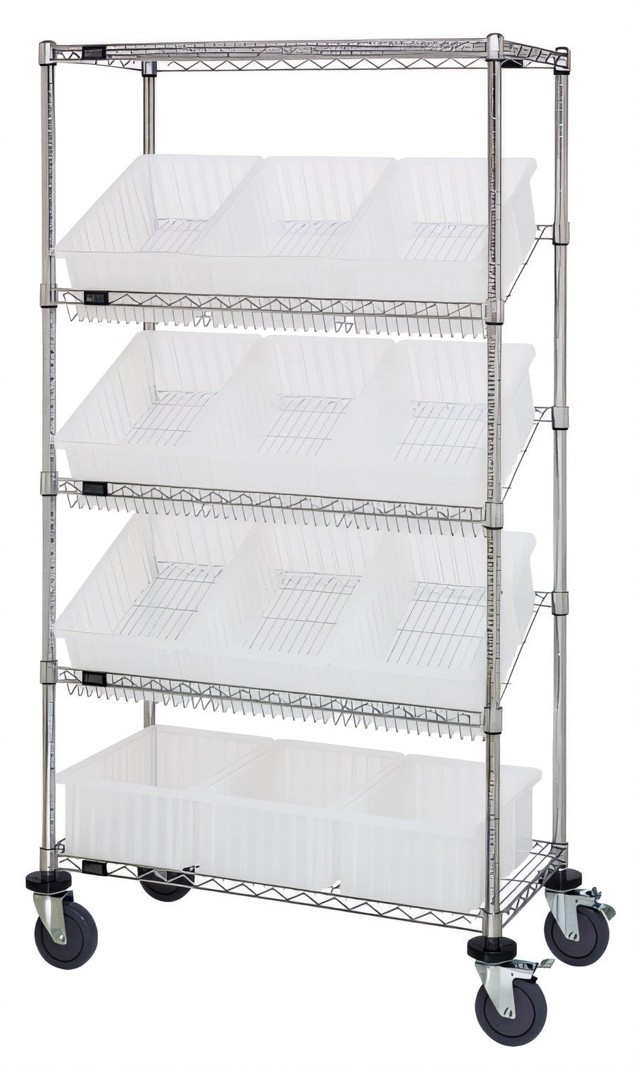 Product image #1 for Quantum Mobile Wire Shelving Bin System with 12 Clear Bins, 36 x 18 x 63 Inches, Chrome Plated Finish
