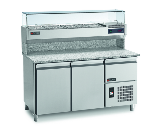 Product image #1 for 63-Inch Wide Refrigerated Pizza Prep Table with Granite Worktop and Upper Toppings Rail, 2-Door