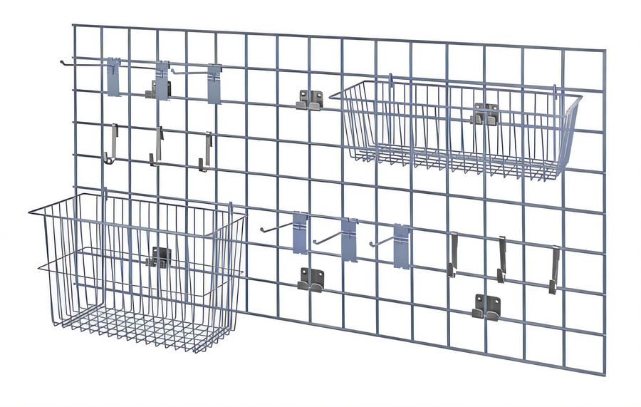 Product image #1 for Quantum Store Grid Light-Duty Wall-Mounted Starter Kit with 48-Inch Panel, Baskets, and Hooks