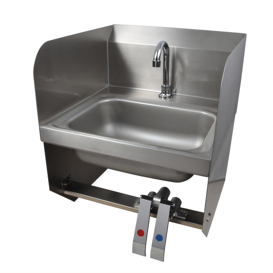 Product image #1 for BK Resources 14" x 10" Wall-Mount Hand Sink Package with Knee Valve, Dual Side Splash, and Lead-Free Gooseneck Faucet