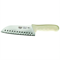 Winco Stäl 7-Inch Stamped Santoku Knife with Granton Edge and White Polypropylene Handle