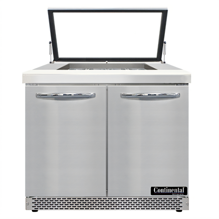 Product image #1 for Continental Refrigerator Mighty Top SW36N12M-HGL-FB 36" Two-Section Sandwich Prep Refrigerator with Hinged Glass Lid