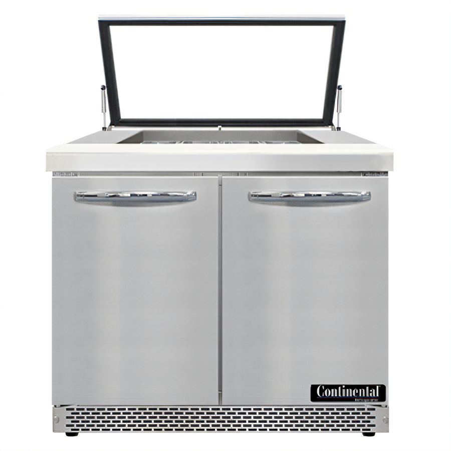 Product image #1 for Continental Refrigerator Mighty Top SW36N12M-HGL-FB 36" Two-Section Sandwich Prep Refrigerator with Hinged Glass Lid
