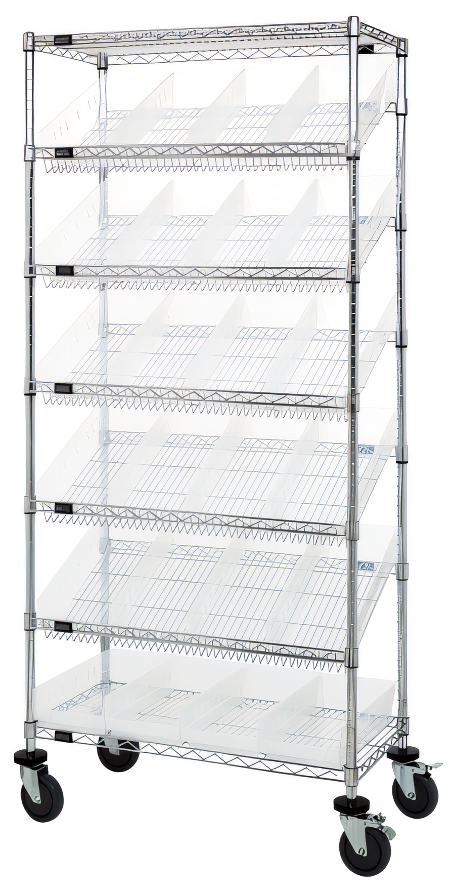Product image #1 for Quantum Mobile Wire Shelving Bin System Unit with 24 Clear Bins, Chrome Plated, 36 x 18 x 74 Inches
