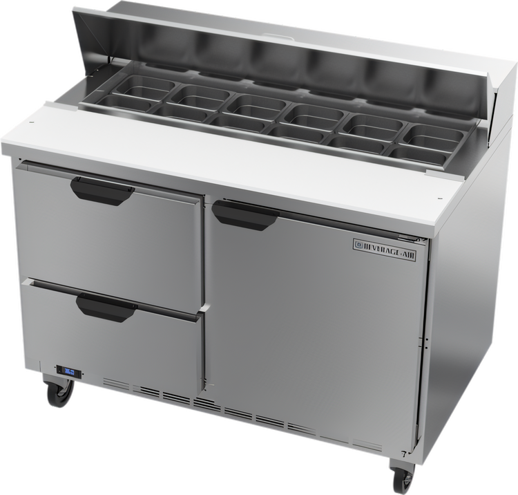 Product image #1 for Beverage-Air SPED48HC-12-2 48-Inch 2-Section Sandwich Prep Table with 1 Door, 2 Drawers and 12-Pan Top