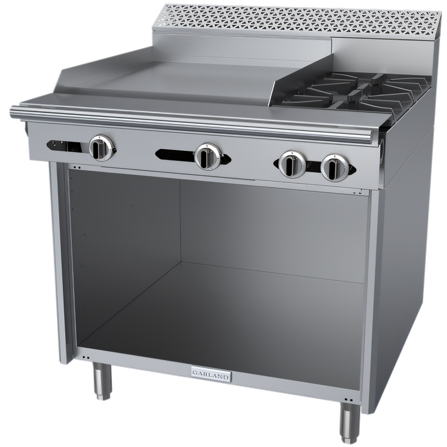 Product image #1 for Garland Cuisine Series Heavy Duty 36-Inch Natural Gas Combination Top Range with 24-Inch Left Griddle, 2 Right Open Burners, and Storage Base