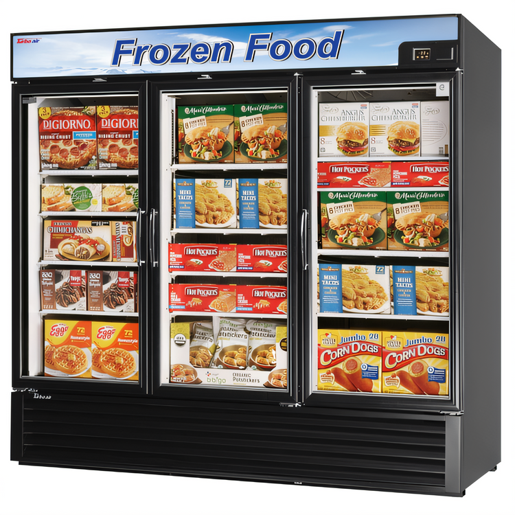Product image #1 for Turbo Air Three-Section Glass Door Freezer Merchandiser, 58.45 Cu. Ft., Bottom Mount Self-Contained, 115V