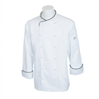 Thumbnail image #1 for Mercer Culinary Renaissance M62020WB1X Men's White Scoop Neck Chef Jacket, Black Piping, 65/35 Poly/Cotton, 1X Case of 12